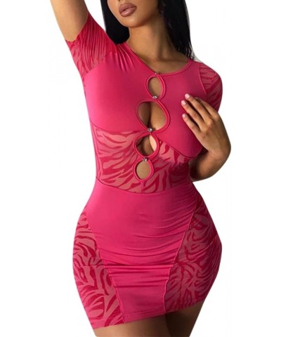 Women's Sexy Sheer Mesh Cutout Bodycon Dress Zebra Print Diamond Short Sleeve Party Club Mini Dress Hot Pink $13.20 Dresses