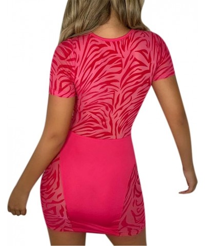 Women's Sexy Sheer Mesh Cutout Bodycon Dress Zebra Print Diamond Short Sleeve Party Club Mini Dress Hot Pink $13.20 Dresses