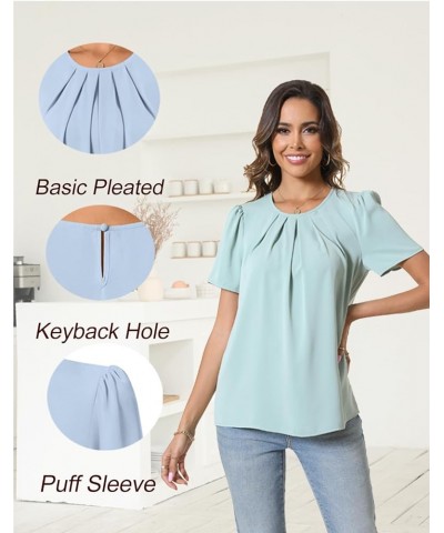 Womens Summer Basic Pleated Keyhole Back Crewneck Casual Trendy Blouse Shirts Tops Fl Rose White $10.59 Blouses