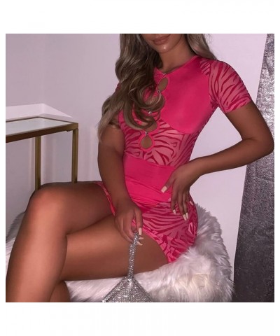 Women's Sexy Sheer Mesh Cutout Bodycon Dress Zebra Print Diamond Short Sleeve Party Club Mini Dress Hot Pink $13.20 Dresses