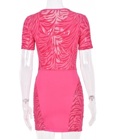 Women's Sexy Sheer Mesh Cutout Bodycon Dress Zebra Print Diamond Short Sleeve Party Club Mini Dress Hot Pink $13.20 Dresses