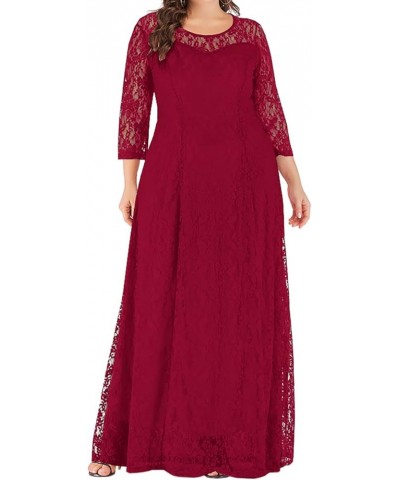 Women Plus Size Floral Lace 3/4 Sleeve Party Wedding Cocktail Swing Midi Dress with Pockets 7 Wine Red $10.25 Dresses