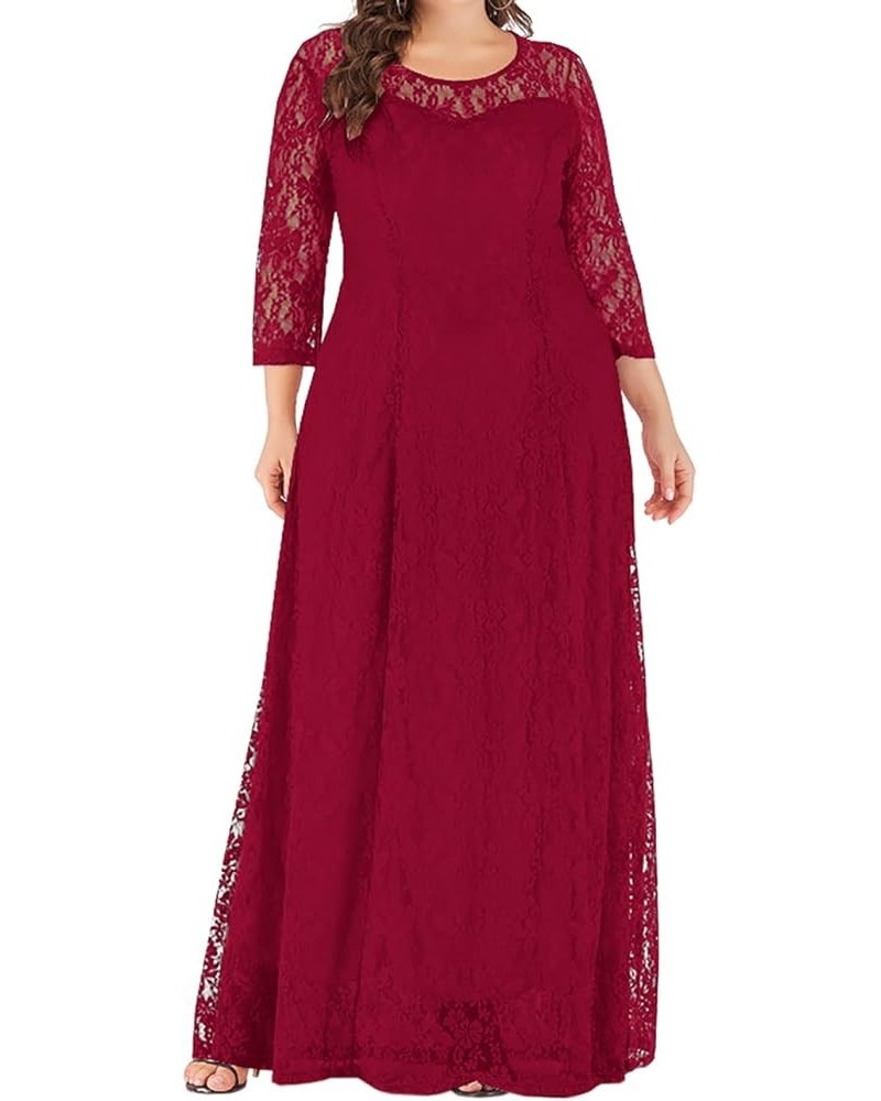 Women Plus Size Floral Lace 3/4 Sleeve Party Wedding Cocktail Swing Midi Dress with Pockets 7 Wine Red $10.25 Dresses