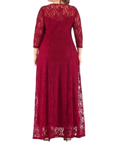 Women Plus Size Floral Lace 3/4 Sleeve Party Wedding Cocktail Swing Midi Dress with Pockets 7 Wine Red $10.25 Dresses