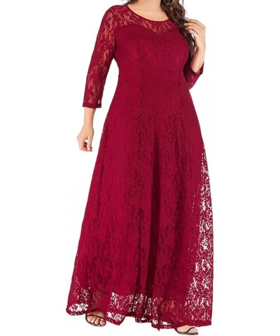 Women Plus Size Floral Lace 3/4 Sleeve Party Wedding Cocktail Swing Midi Dress with Pockets 7 Wine Red $10.25 Dresses