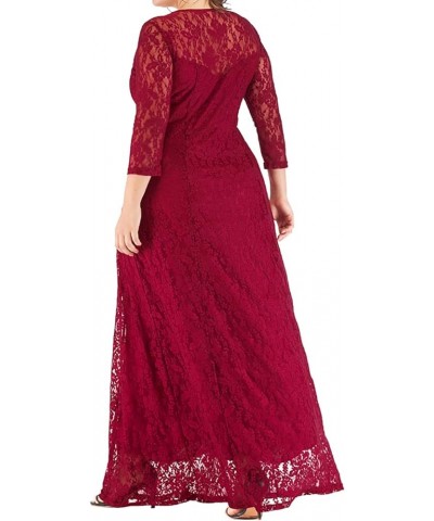 Women Plus Size Floral Lace 3/4 Sleeve Party Wedding Cocktail Swing Midi Dress with Pockets 7 Wine Red $10.25 Dresses