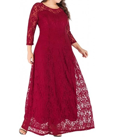 Women Plus Size Floral Lace 3/4 Sleeve Party Wedding Cocktail Swing Midi Dress with Pockets 7 Wine Red $10.25 Dresses