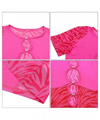 Women's Sexy Sheer Mesh Cutout Bodycon Dress Zebra Print Diamond Short Sleeve Party Club Mini Dress Hot Pink $13.20 Dresses