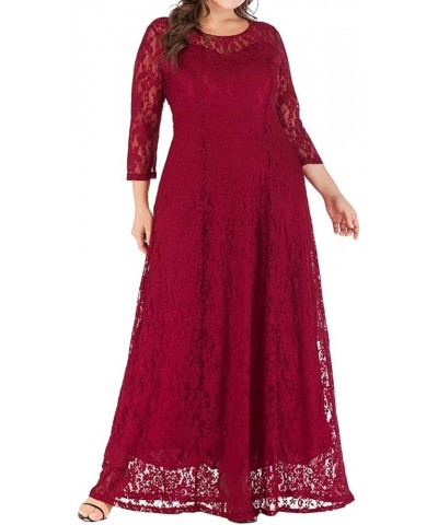 Women Plus Size Floral Lace 3/4 Sleeve Party Wedding Cocktail Swing Midi Dress with Pockets 7 Wine Red $10.25 Dresses