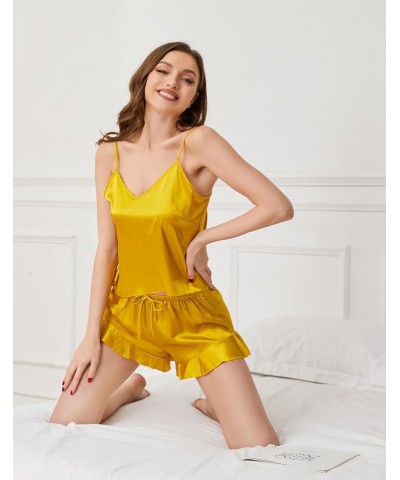 Silk Pajamas for Women Camisole Sleepwear ruffle pajama shorts Satin Pajama Set 2 Piece Silk Pjs Gold $8.09 Sleep & Lounge