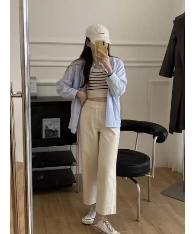 Women's High Waisted Wide Legged Pants with Pockets Classic Straight Ankle Jeans Cotton Cropped Pant Sand $28.60 Jeans