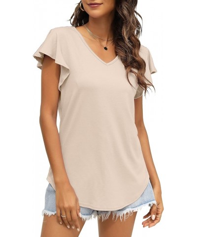 Womens Summer Tops 2023 Ruffle Short Sleeve Shirts Casual V Neck Solid Color T-Shirts Apricot $10.50 Tops