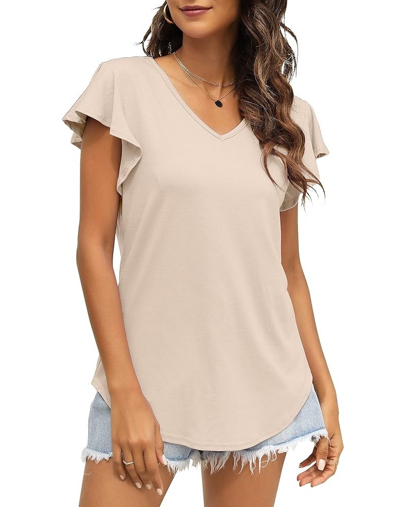 Womens Summer Tops 2023 Ruffle Short Sleeve Shirts Casual V Neck Solid Color T-Shirts Apricot $10.50 Tops