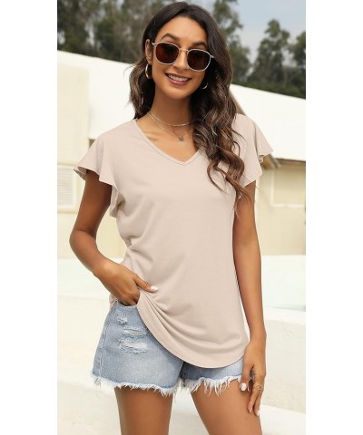 Womens Summer Tops 2023 Ruffle Short Sleeve Shirts Casual V Neck Solid Color T-Shirts Apricot $10.50 Tops