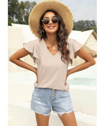 Womens Summer Tops 2023 Ruffle Short Sleeve Shirts Casual V Neck Solid Color T-Shirts Apricot $10.50 Tops