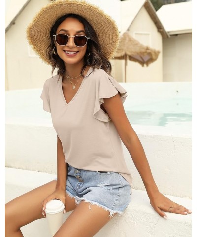 Womens Summer Tops 2023 Ruffle Short Sleeve Shirts Casual V Neck Solid Color T-Shirts Apricot $10.50 Tops