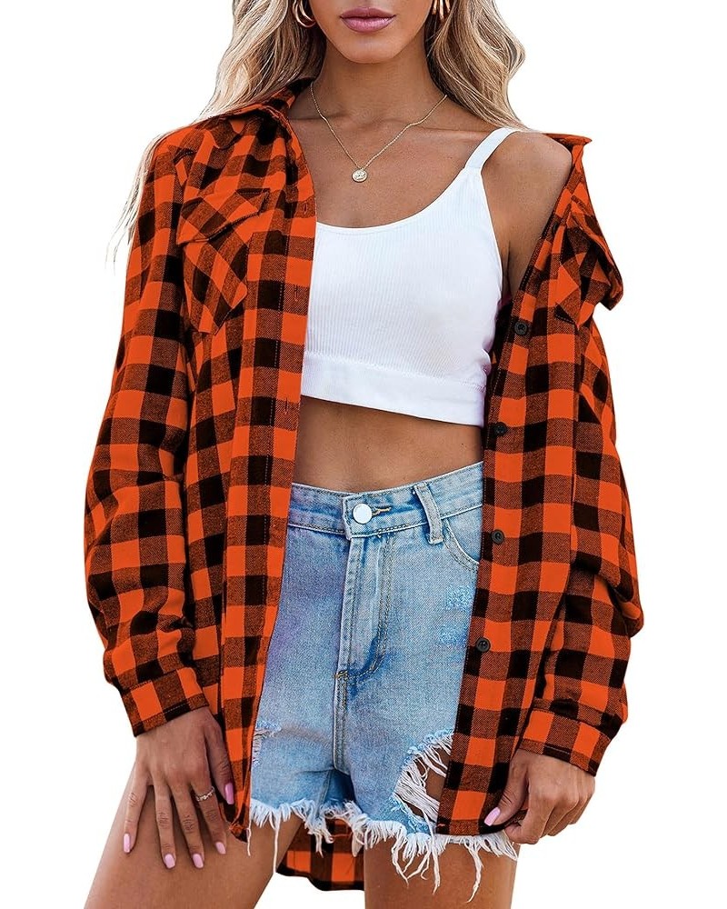 Womens Flannel Shirts Long/Roll Up Sleeve Collared Button Down Plaid Shirt Casual Work Tops S-4XL 1-orange $12.00 Blouses