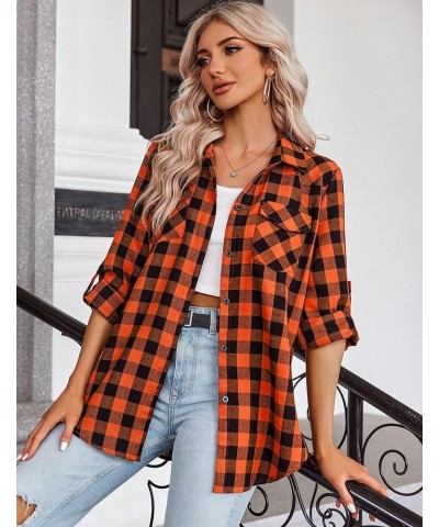 Womens Flannel Shirts Long/Roll Up Sleeve Collared Button Down Plaid Shirt Casual Work Tops S-4XL 1-orange $12.00 Blouses