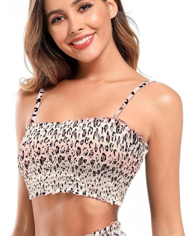 Women's Bikini Tops Bandeau Smocked Swimsuits Ruched Adjustable Strapless Swim Top Leopard Print-a $15.27 Swimsuits