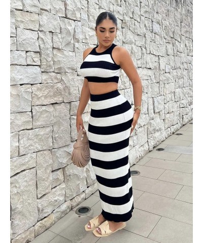 Women's 2 Piece Outfits Striped Sleeveless Knit Crop Top and Pencil Maxi Skirt Set Black and White $18.04 Suits