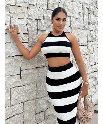 Women's 2 Piece Outfits Striped Sleeveless Knit Crop Top and Pencil Maxi Skirt Set Black and White $18.04 Suits