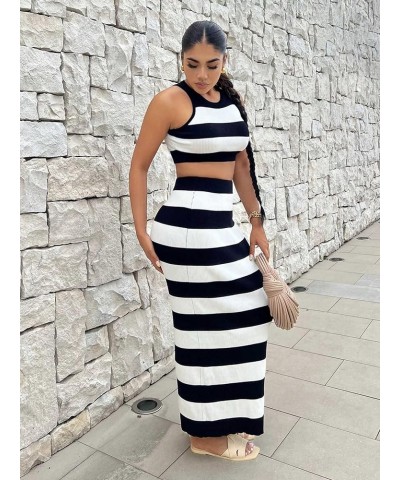 Women's 2 Piece Outfits Striped Sleeveless Knit Crop Top and Pencil Maxi Skirt Set Black and White $18.04 Suits