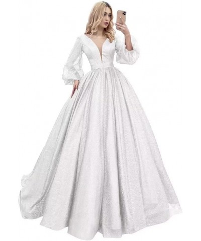 Long Sleeve Ball Gown Puffy Sleeve Prom Dresses 2024 Sparkly Evening Gown for Women Formal White $38.85 Dresses