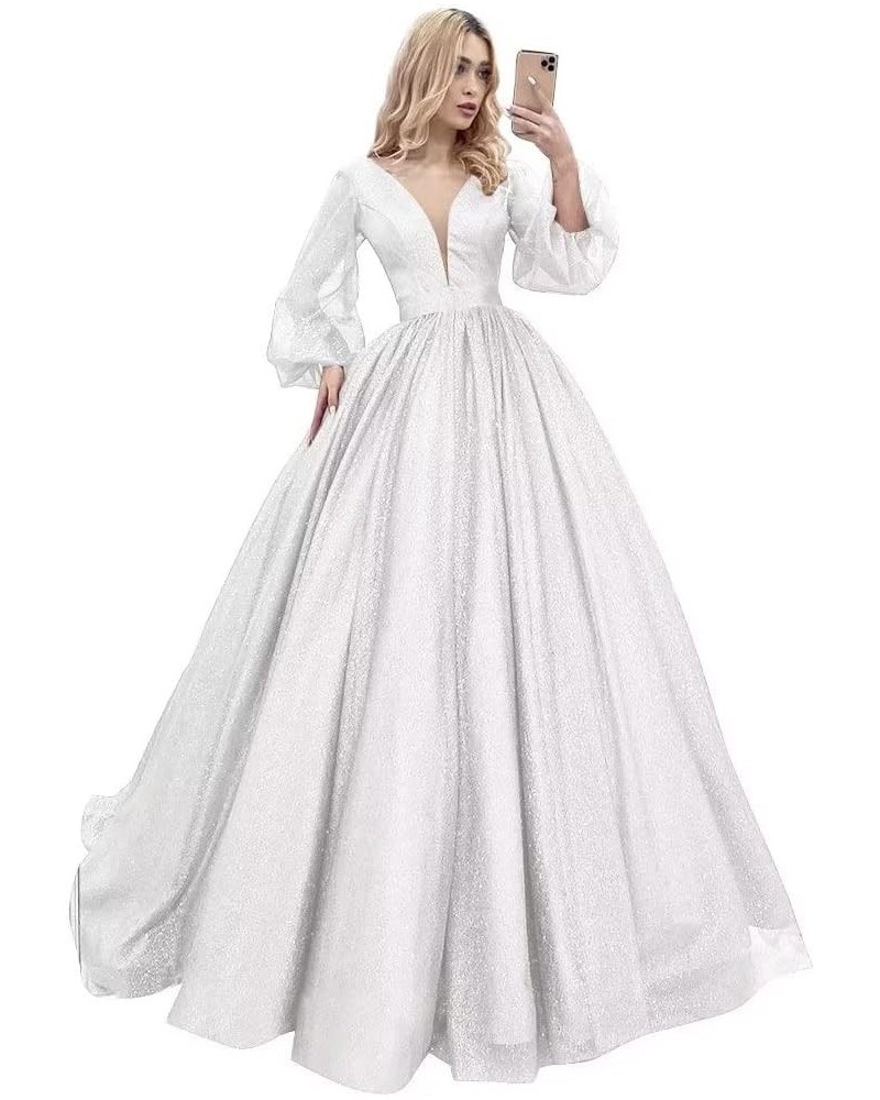 Long Sleeve Ball Gown Puffy Sleeve Prom Dresses 2024 Sparkly Evening Gown for Women Formal White $38.85 Dresses