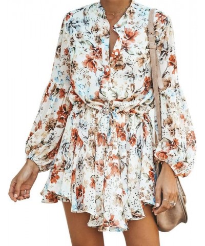 Women's Long Sleeves Button up Tie Waist Floral Chiffon Dress Orange $27.72 Others