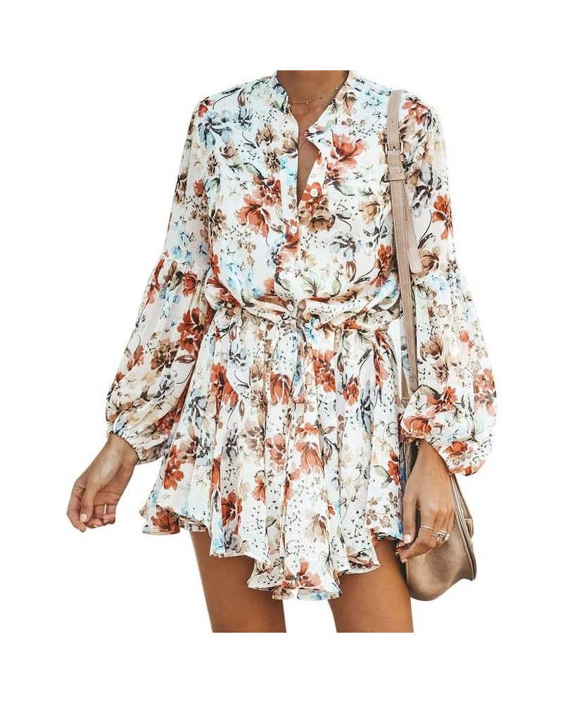 Women's Long Sleeves Button up Tie Waist Floral Chiffon Dress Orange $27.72 Others