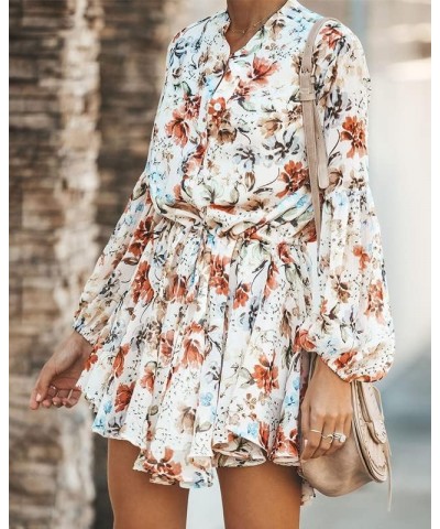 Women's Long Sleeves Button up Tie Waist Floral Chiffon Dress Orange $27.72 Others