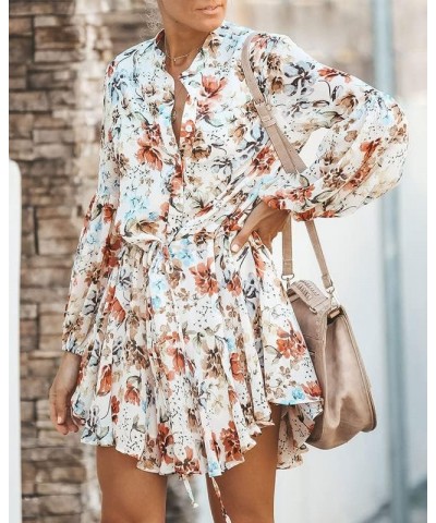 Women's Long Sleeves Button up Tie Waist Floral Chiffon Dress Orange $27.72 Others