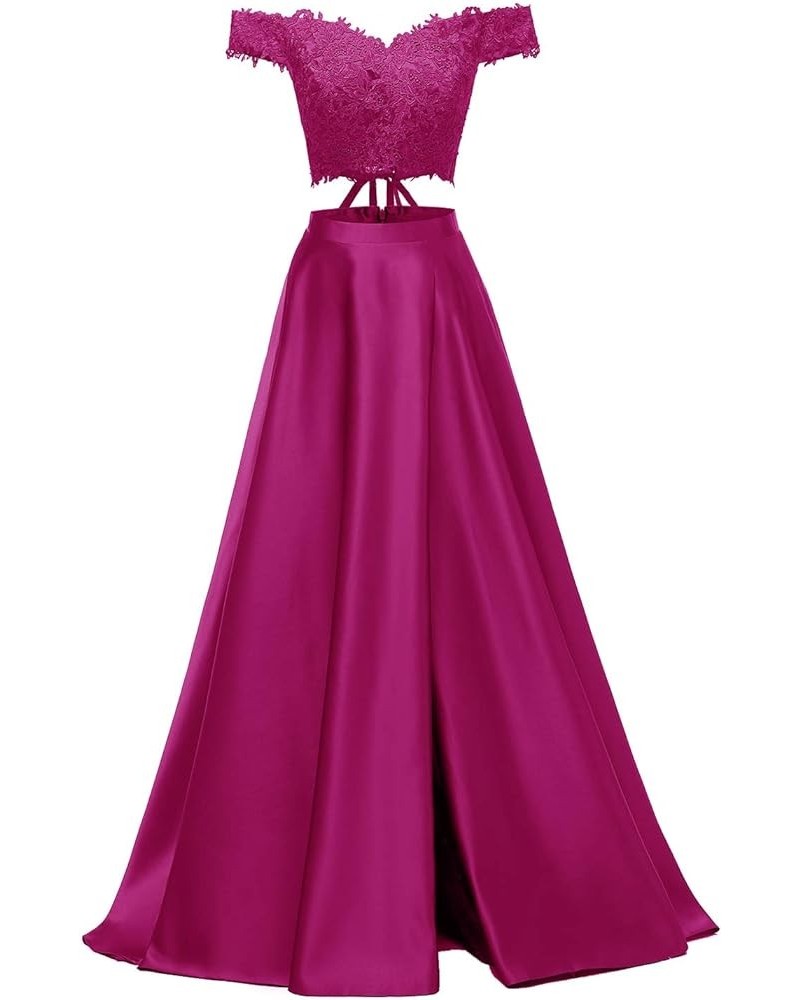 Off Shoulder Prom Dresses 2024 Long Two Piece Lace Satin Slit Formal Evening Dresses for Women Fuchsia $45.12 Dresses