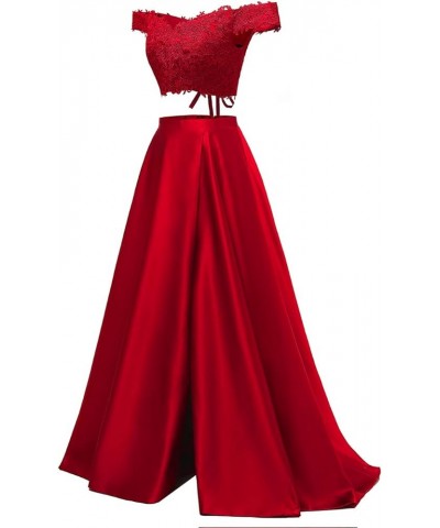 Off Shoulder Prom Dresses 2024 Long Two Piece Lace Satin Slit Formal Evening Dresses for Women Fuchsia $45.12 Dresses