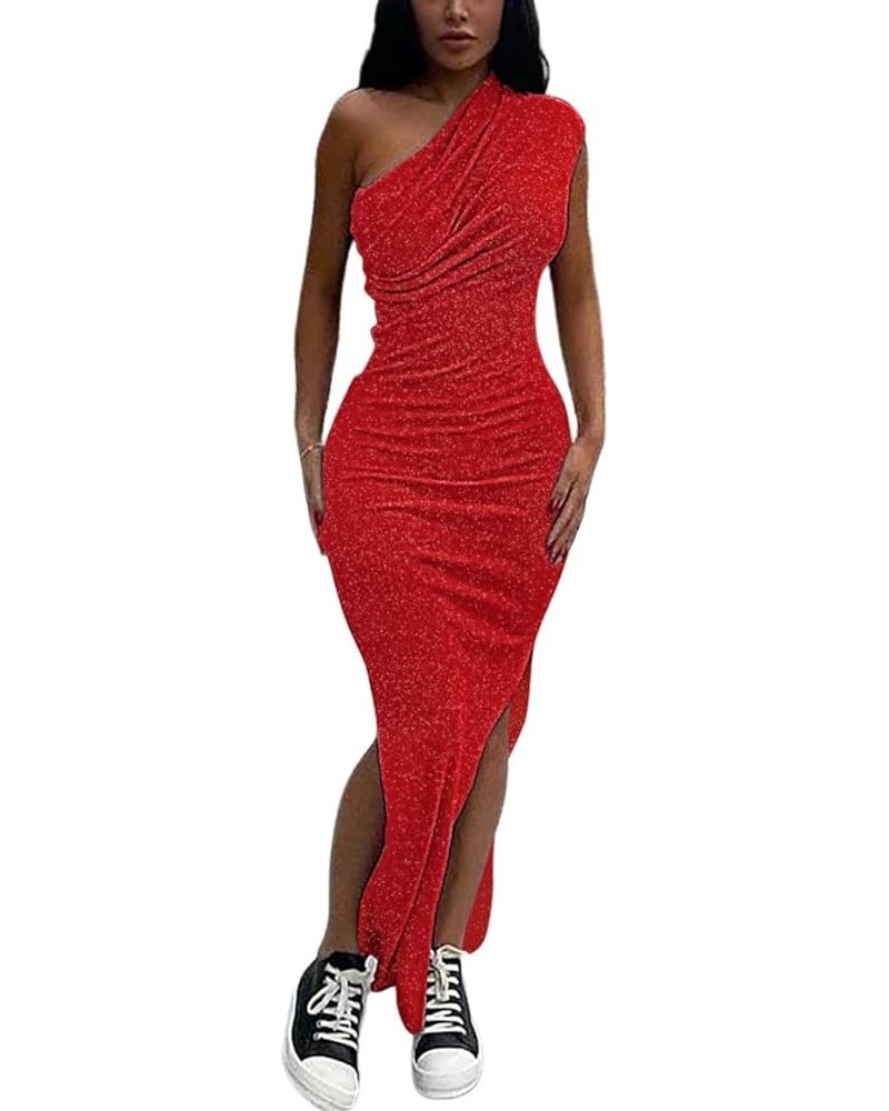 Women's One Shoulder Dress Sexy Sleeveless Summer Ribbed Side Slit Cocktail Club Party Maxi Bodycon Dresses Red Sleeveless Sp...