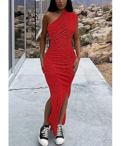 Women's One Shoulder Dress Sexy Sleeveless Summer Ribbed Side Slit Cocktail Club Party Maxi Bodycon Dresses Red Sleeveless Sp...