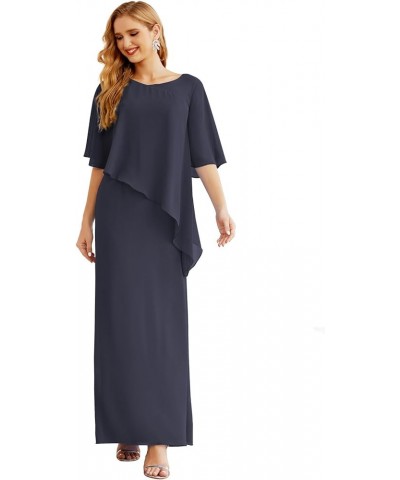 Chiffon Mother of The Bride Dresses Women's Ruffle Cape Floor Length Solid Color Gowns Dark Navy $32.90 Dresses