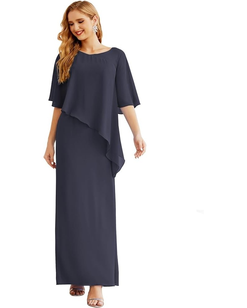 Chiffon Mother of The Bride Dresses Women's Ruffle Cape Floor Length Solid Color Gowns Dark Navy $32.90 Dresses