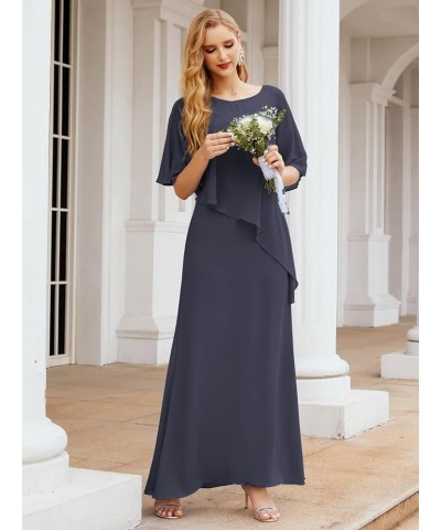 Chiffon Mother of The Bride Dresses Women's Ruffle Cape Floor Length Solid Color Gowns Dark Navy $32.90 Dresses