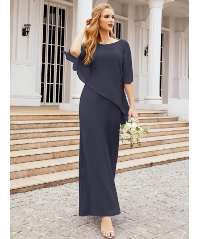 Chiffon Mother of The Bride Dresses Women's Ruffle Cape Floor Length Solid Color Gowns Dark Navy $32.90 Dresses