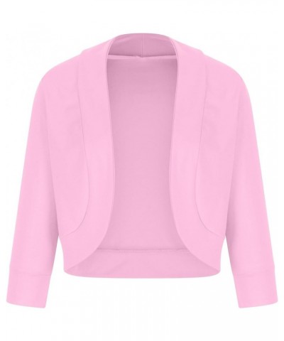 Women 3/4 Sleeve Cropped Blazer Plus Size Open Front Short Jacket Casual Crop Blazer Suit Cute Cardigan Coat Outwear Pink $9....