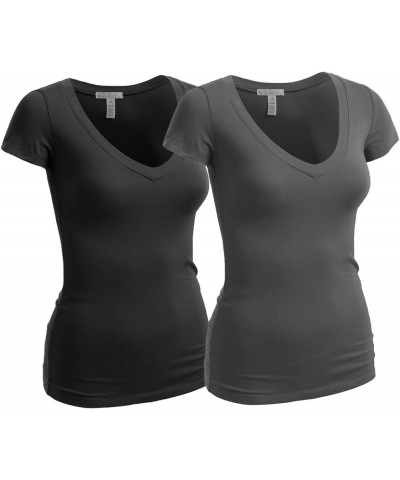 Women's Short Sleeve T Shirt V Neck Tee Junior and Plus Sizes 2pk - Black, Charcoal $14.39 T-Shirts