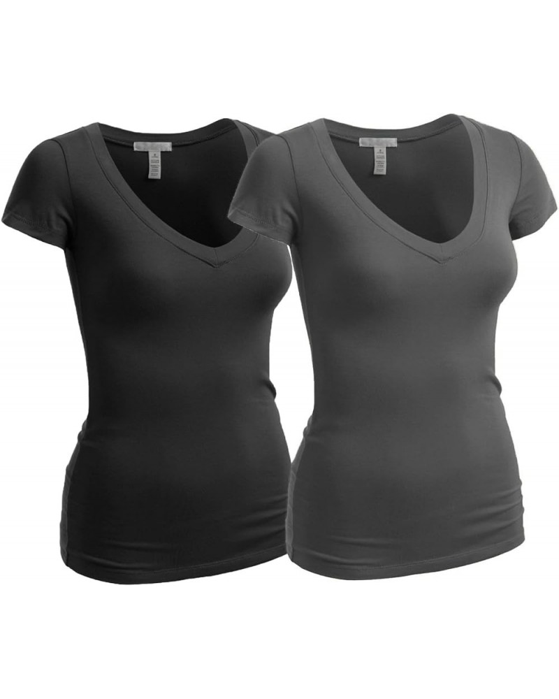 Women's Short Sleeve T Shirt V Neck Tee Junior and Plus Sizes 2pk - Black, Charcoal $14.39 T-Shirts