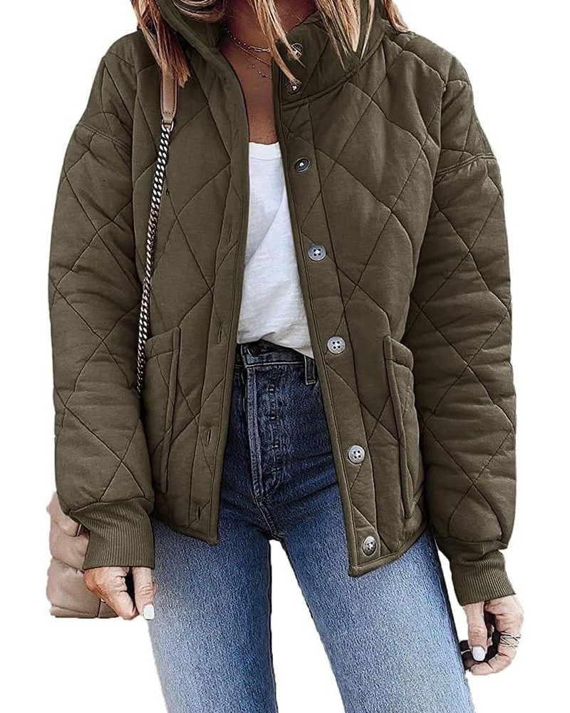 Womens Dolman Quilted Jackets Casual Button Down Winter Coats,Long Sleeve Stand Collar Lightweight Puffer Warm Outwear Army G...