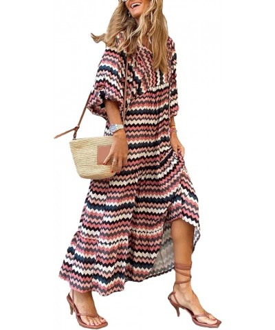 Women's Bohemian Floral Printed Wrap Smocked V Neck Sleeve Maxi Dress G2-ripple-3 $18.00 Dresses