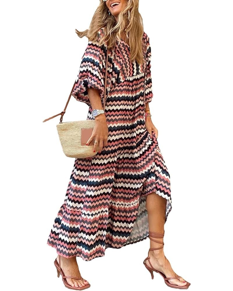 Women's Bohemian Floral Printed Wrap Smocked V Neck Sleeve Maxi Dress G2-ripple-3 $18.00 Dresses