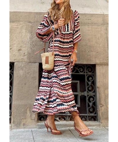 Women's Bohemian Floral Printed Wrap Smocked V Neck Sleeve Maxi Dress G2-ripple-3 $18.00 Dresses