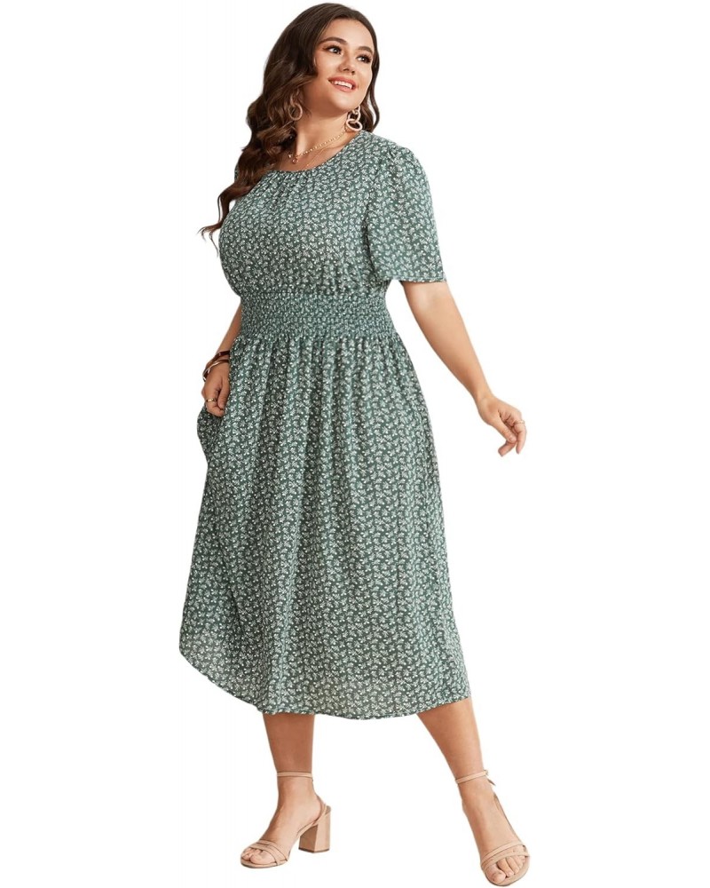 Women's Plus Size Short Sleeve Boho Floral Dress A Line Smocked Midi Dress Dark Green 3XL $27.35 Dresses