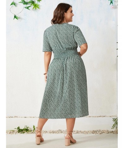 Women's Plus Size Short Sleeve Boho Floral Dress A Line Smocked Midi Dress Dark Green 3XL $27.35 Dresses