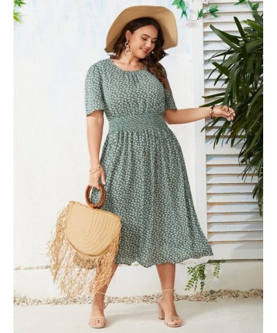 Women's Plus Size Short Sleeve Boho Floral Dress A Line Smocked Midi Dress Dark Green 3XL $27.35 Dresses